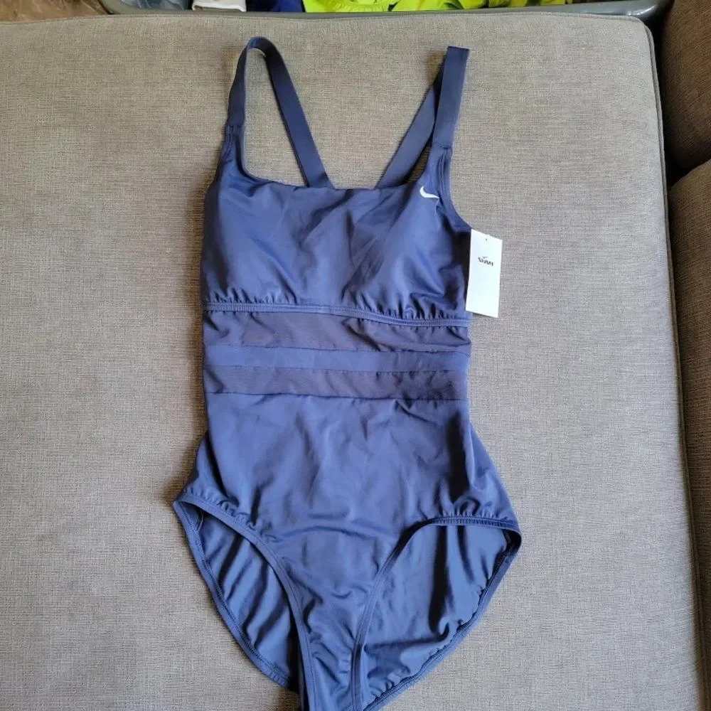 Nikeย Womenโs Navy Mesh Sheer MiddleโV-Back One Piece Swim Suit Size XL